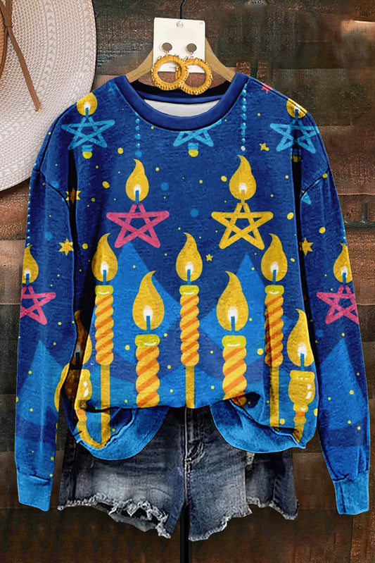 Vintage Hanukkah Menorah Print Sweatshirt