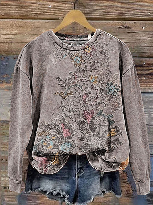 Vintage Floral Art Print Casual Sweatshirt