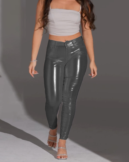 Mid-Rise Hip Lift Skinny Metallic Trousers