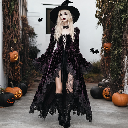 Halloween Party Gothic Witch Velvet Lace Splicing Dress