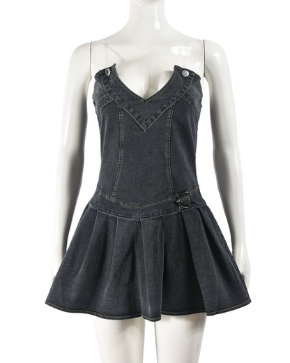 Stretch Denim Chest Wrap Sexy Pleated V-Neck Denim Dress