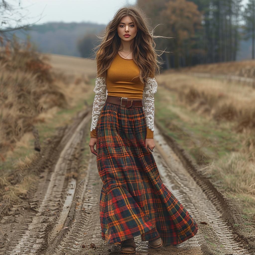 Women's Retro Round Neck Long Sleeve Long Skirt Plaid Pastoral Style Dress