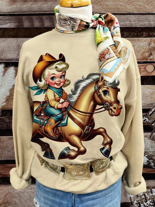 Vintage Western Cowgirl Print Casual Sweatshirt