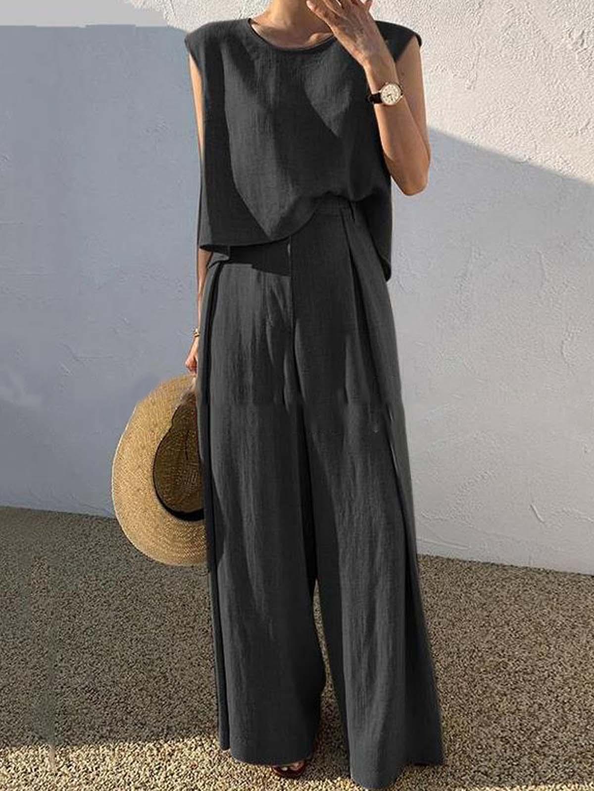 Plain Sleeveless Tank Top & Wide Leg pants