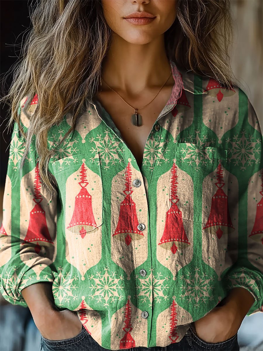 Women's Christmas Bells Art Print Casual Long Sleeve Comfortable Cotton Shirt