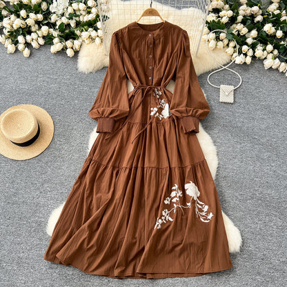 Waist-slimming Single-breasted Temperament Rose Embroidery Long Dresses