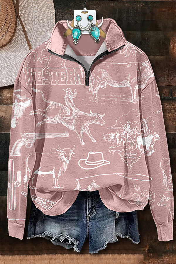 Simple Western Line Printed Zipper Sweatshirt