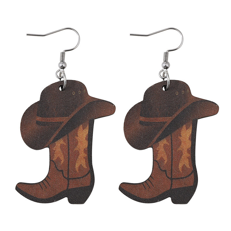 Western Cool Cowboy Hat Boots Wooden Earrings