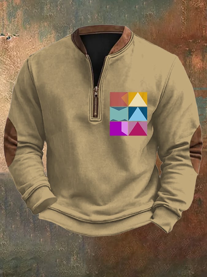 Men's vintage comma la print zipper collar sweatshirt