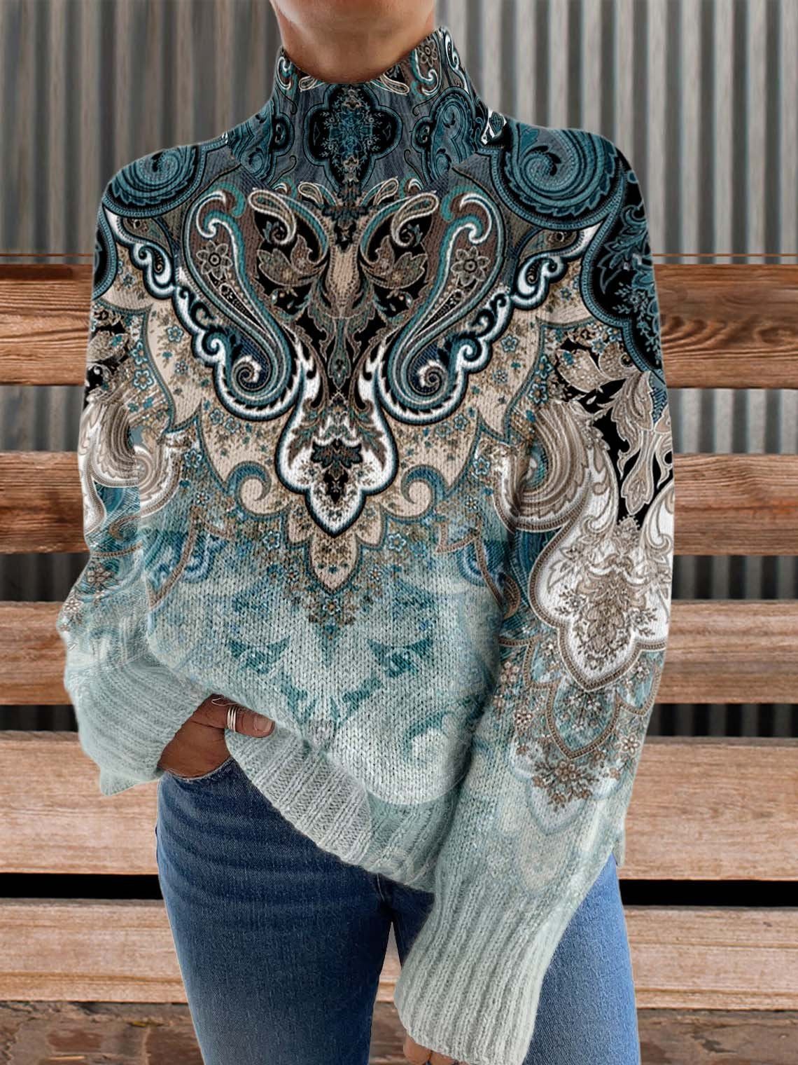 Paisley Print Knit Turtleneck Pullover Sweater