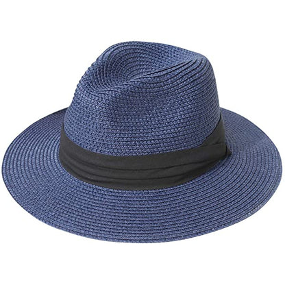 Wide Brim Straw Panama Roll up Hat Belt Buckle Fedora Beach Sun Hat