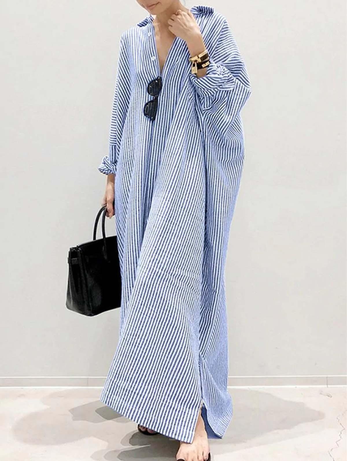 Puff Sleeve Stripe Printed Maxi Dress