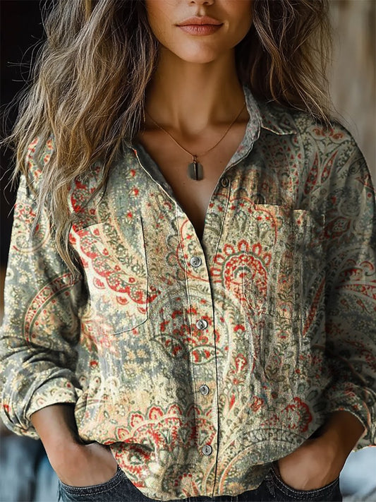 Women's Retro Paisley Floral Print Casual Long Sleeve Comfortable Cotton Shirt