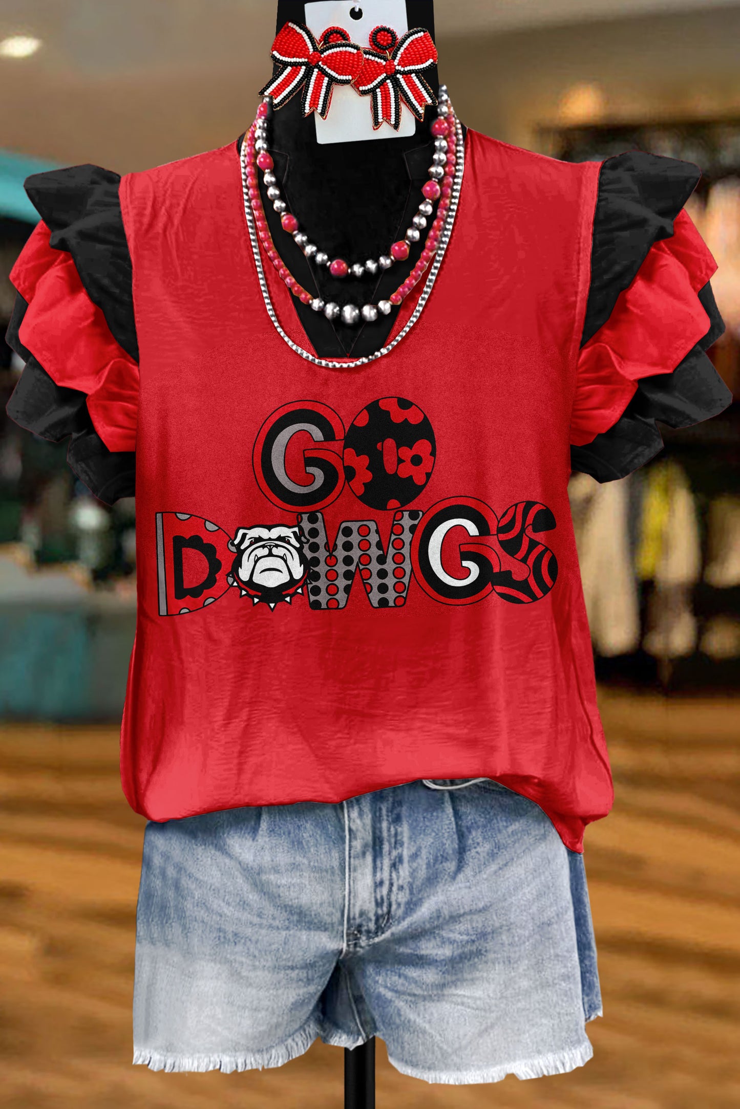 Georgia Bulldogs Game Day Print Flying Sleeve Blouse