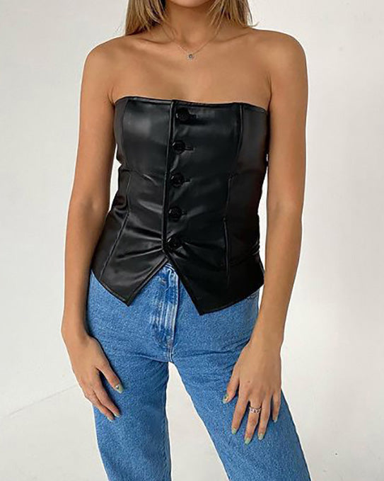 Single-Breasted Bateau Neck Strapless Leather Top