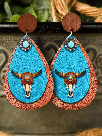 Steer Skull Turquoise PU Leather Stud Earrings