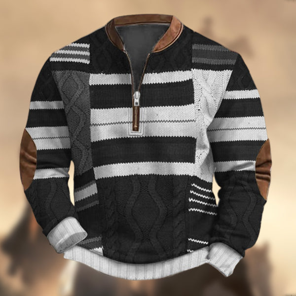 Men's Vintage Wool Kint Patchwork Print Zipper Stand Collar Casual Sweatshirt