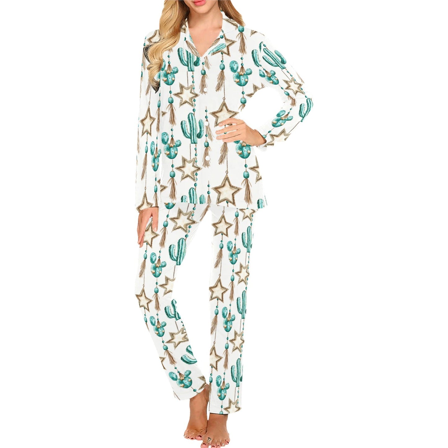 Turquoise Christmas Cactus Women's Western Pajamas