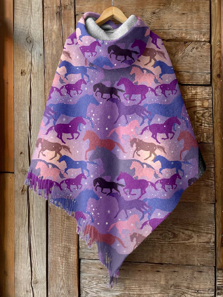 Women's Purple Horse Print Casual Knitted Blanket Poncho Hood Cape