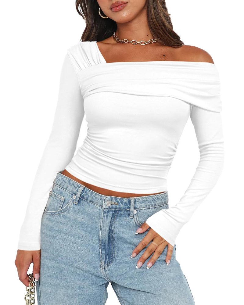 One-Shoulder Long-Sleeved Open-Back Gathered Top T-Shirt