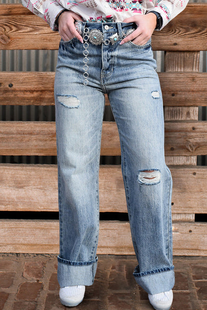 Retro Washed High Waist Ripped Wide Leg Jeans