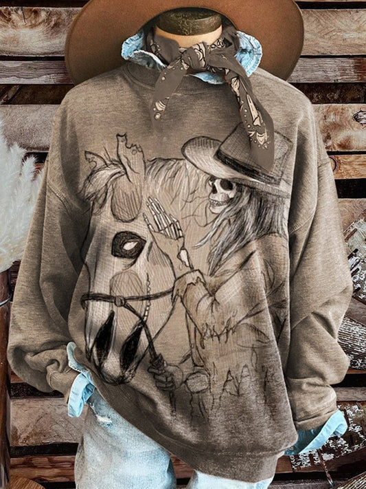 Skull Cowgirl Print Casual Sweatshirt