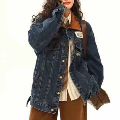 New American Retro All-match Denim Jacket For Autumn And Winter, Men And Women Motorcycle Trend Brand Lapel Jacket Loose