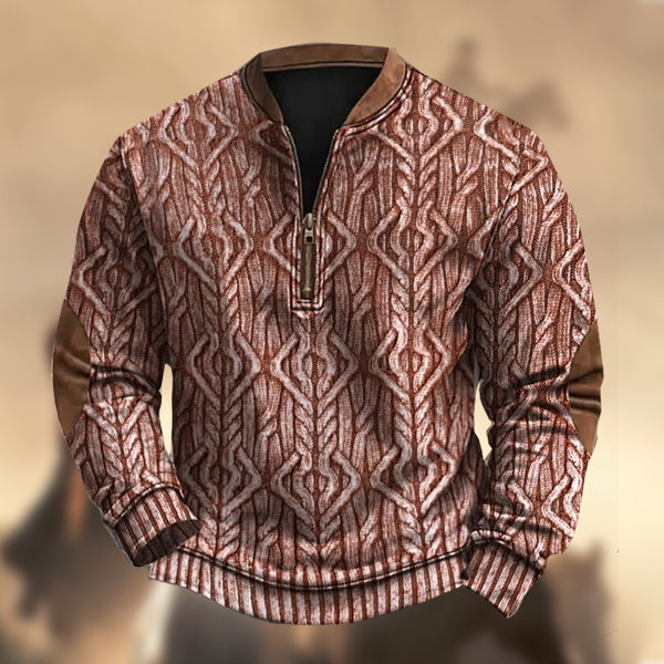 Men's Vintage Country Western Knitted Print Zipper Stand Collar Casual Sweatshirt