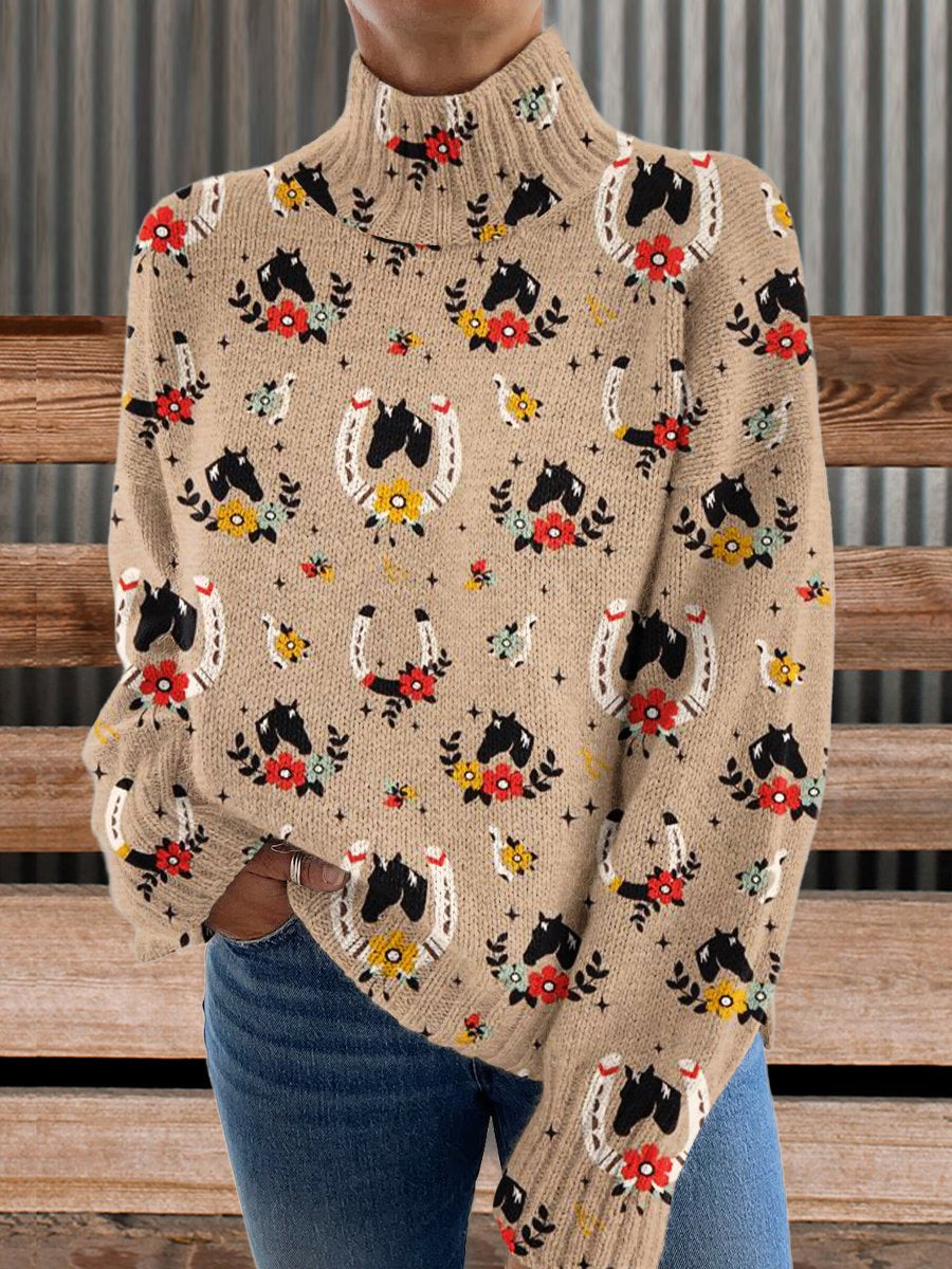 Vintage Western Cowboy Horse Flowers Print Knit Turtleneck Pullover Sweater