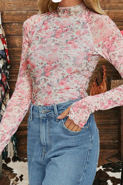 Fashion Floral Mockneck Mesh T-shirt