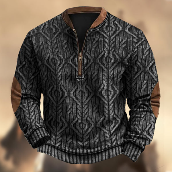 Men's Vintage Country Western Knitted Print Zipper Stand Collar Casual Sweatshirt