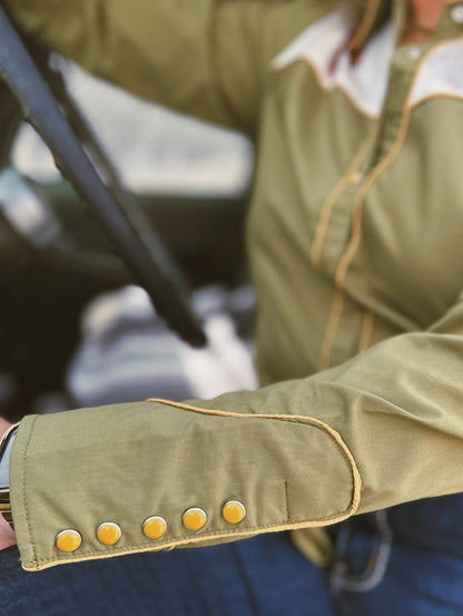 Back in the Saddle Again Horse Pearl Snap Button Up Blouse