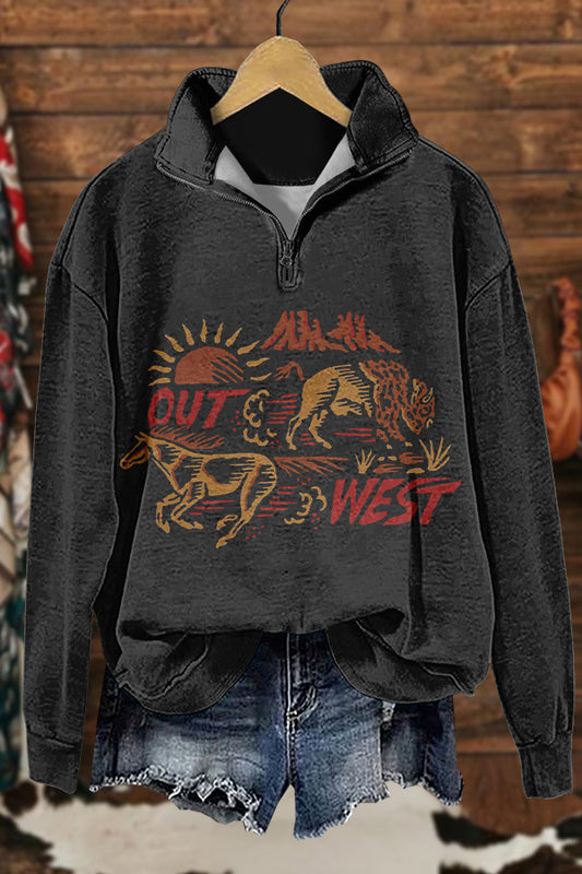 Retro Western Wild Horse Print Sweatshirt