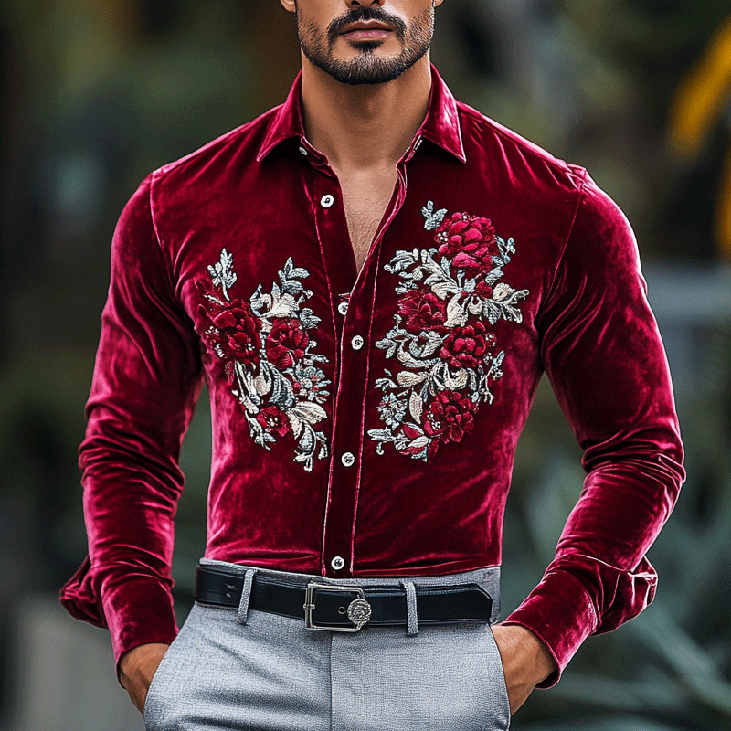 Men's Gentleman Regular Fit Crushed Flower Embroidery Rose Red Velvet Shirt