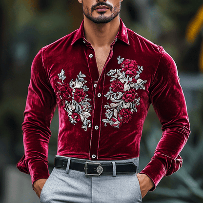 Men's Gentleman Regular Fit Crushed Flower Embroidery Rose Red Velvet Shirt