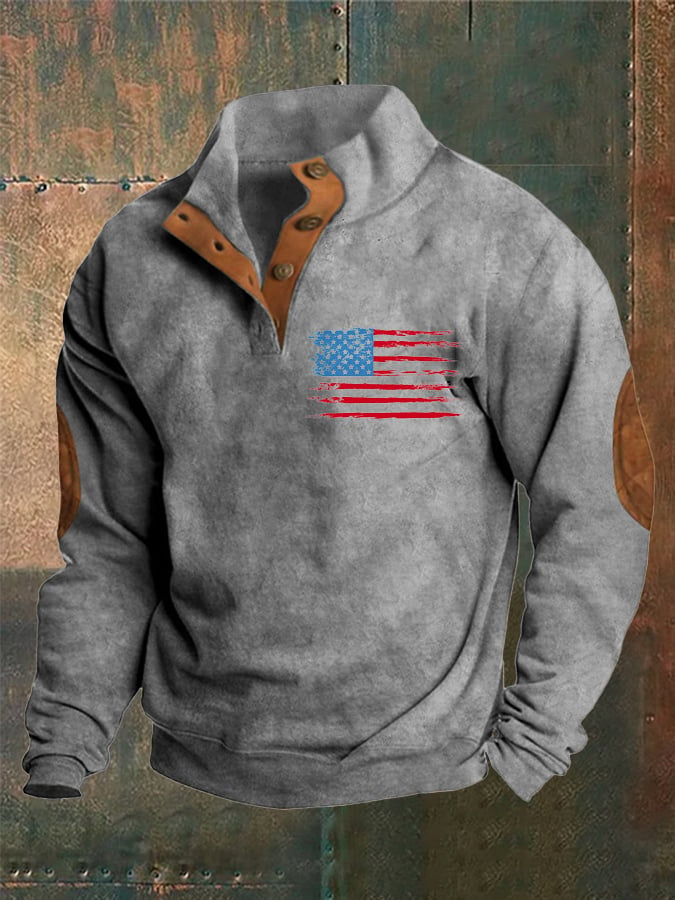 Men's Retro Flag Print Stand Collar Button Sweatshirt