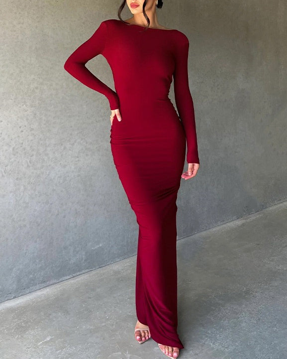 Reversible Pleated Long-Sleeved Backless Maxi Dress