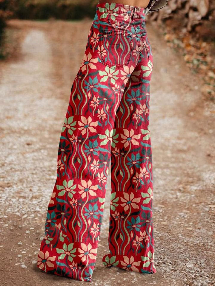 Women's Bohemia Flower Print Casual Wide Leg Pants