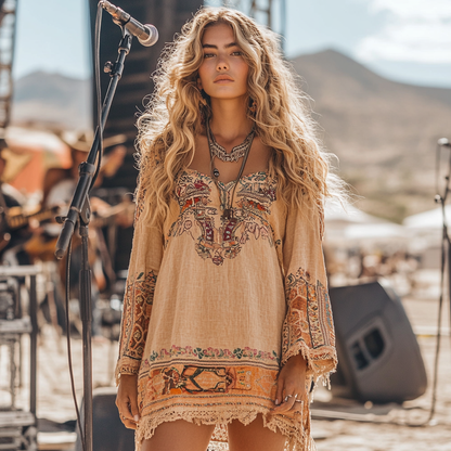 Music Festival Rock Party Carnival Vintage Wasteland Style Ethnic Floral Cotton And Linen Dress