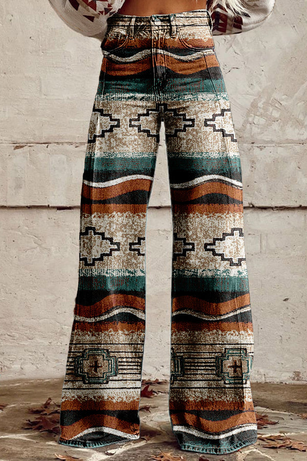 Retro Distressed Aztec Printed Wide Leg Pants