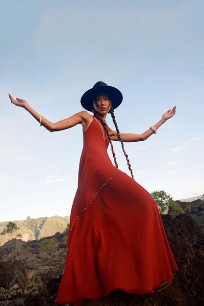 Red dress • Boho A-line dress • Hand-embroidered dress • Bell dress • Minimalist cocktail dress