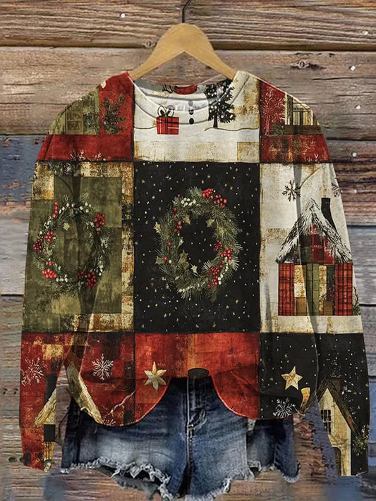 Vintage Christmas Patchwork Art Print Casual Sweatshirt