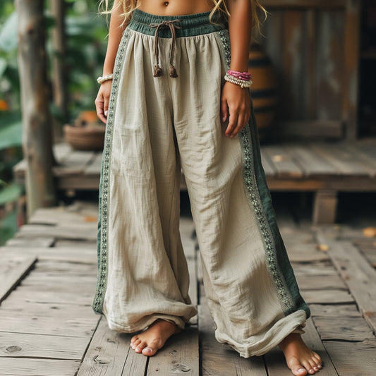 Unisex Vintage Embroidered Cotton And Linen Long Wide Leg Lounge Pants