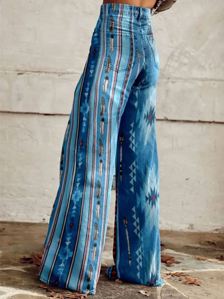 Women's Blue Classic WestPrint Casual Wide Leg Pants