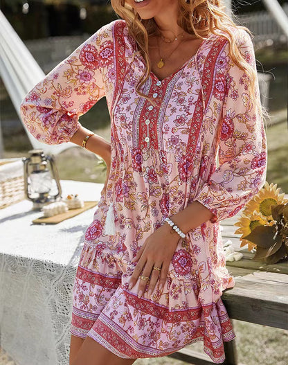 V-neck Print Casual Bohemian Lace-up Mini Dress