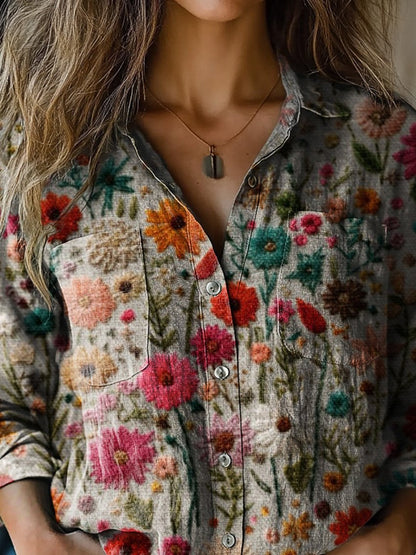 Vibrant Embroidery Floral Art Printed Women's Casual Long Sleeve Comfortable Cotton Shirt