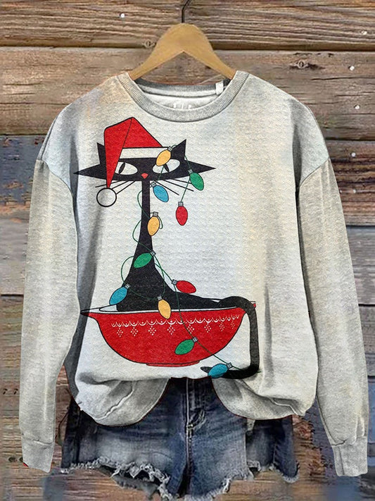 Vintage Christmas Funny Cat Art Print Casual Sweatshirt