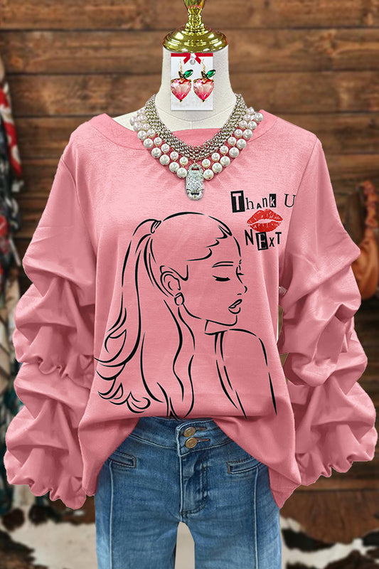 Pink Print Pleated Sweatshirt