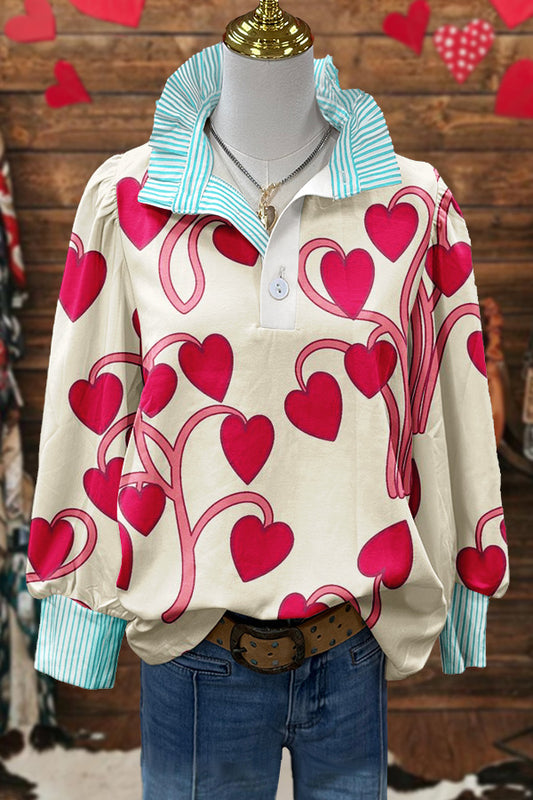 Cute Valentine's Day Print Puff Sleeve Blouse