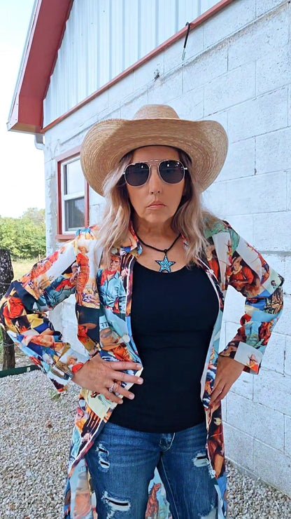 Cowboy Collage Western Shirt Dress Duster